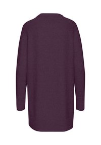 Übergröße lila Pullover, gestrickte Textur, Rundhalsausschnitt, lange Ärmel und gerippte Bündchen. Einfaches Design in einfarbig, ohne Muster.