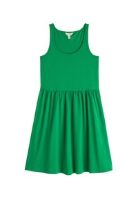 Groene katoen jurk zonder mouwen met een ronde halslijn, een geraffineerde taille en een uitlopende rok, met een gladde, zachte textuur.