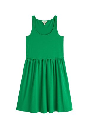 Grünes Baumwollkleid ohne Ärmel mit rundem Ausschnitt, gerafftem Taillenbereich und ausgestellt Rock, der eine glatte, weiche Textur aufweist.
