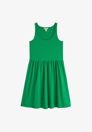Robe sans manches en coton vert avec un col rond, taille froncée et jupe évasée, présentant une texture lisse et douce.
