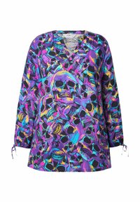 V-Ausschnitt Bluse mit einem durchgehenden Totenkopf-Muster in lebhaften Lila-, Blau- und Gelbtönen. Lange Ärmel mit verstellbaren Bindedetails.