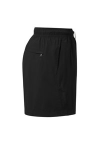 Jupe noire arrivant aux genoux avec une taille élastique et une poche latérale zippée, fabriquée en tissu léger.