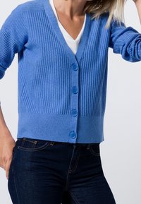 Modrý žebrovaný kardigan s výstřihem do V, s čtyřmi sladěnými knoflíky a krátkým střihem. Ve spojení s tmavými džínami má měkkou texturu.