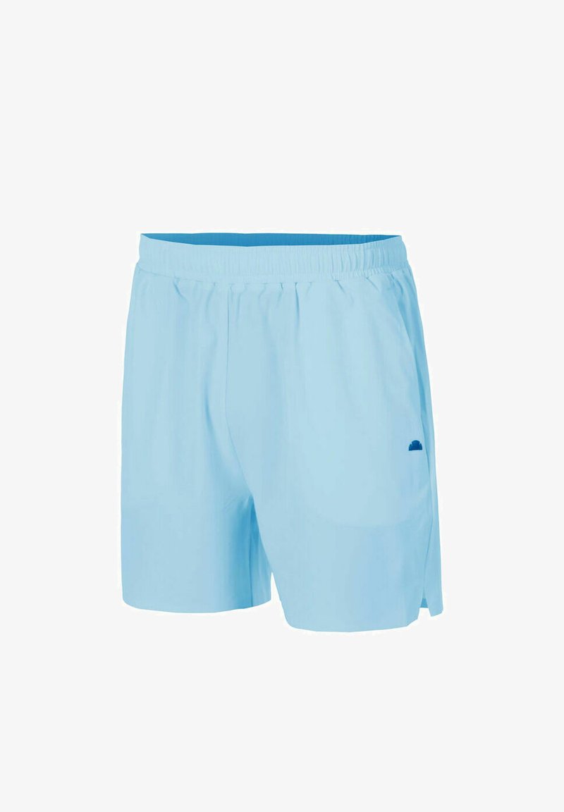 Shorts de sport pour hommes bleu clair avec une ceinture élastique et un petit logo bleu foncé sur le côté droit.