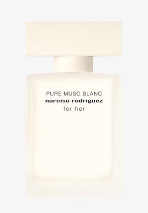 Botella de fragancia con una tapa rectangular blanca mate y un cuerpo de vidrio esmerilado transparente. La etiqueta presenta texto negro en el frente.