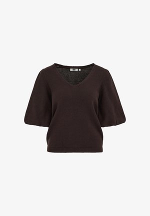 Ciemnobrązowy dziany top z dekoltem w kształcie litery V i krótkimi bufkami, z prążkowanym wykończeniem u dołu oraz małą białą metką rozmiaru wewnątrz kołnierza.