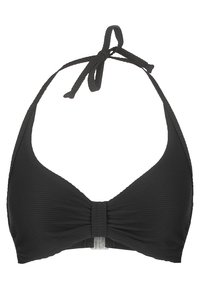 Zwarte bikini-top met een geribbelde textuur, een halternek ontwerp en verstelbare strikbanden. Heeft een strikachtig detail in het midden.