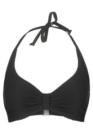 Schwarzer Bikini-Oberteil mit geripptem Material, Halterneck-Design und verstellbaren Bindebändern. Hat ein schleifenartiges Detail in der Mitte.