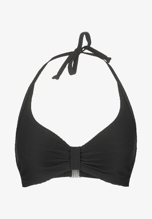 Haut de bikini noir avec une texture côtelée, design à col halter et bretelles ajustables à nouer. Présente un détail en forme de nœud au centre.