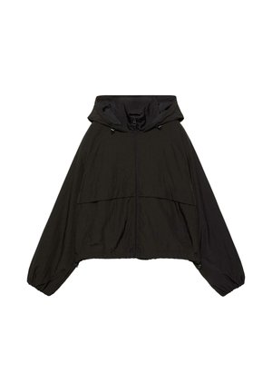 Veste légère noire à capuche avec fermeture éclair frontale, manches longues, cordon de serrage à la capuche et à l'ourlet, conçue pour un port décontracté.