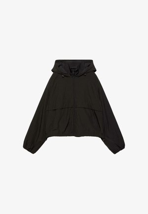 Geacă neagră ușoară cu glugă, fermoar frontal, mâneci lungi, șnur la glugă și tiv, destinată purtării casual.