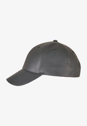 Black leather baseball cap with a curved brim, stitched detailing, and ventilation holes on the upper, showcasing a smooth texture.