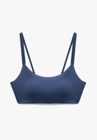 Marinblå bikiniöverdel med tunna justerbara remmar och ett slätt, stretchigt tyg. Minimalistisk design med rundad halsringning och utan vaddering.