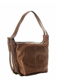 Borsa a tracolla in pelle marrone con una texture liscia, nastro singolo, chiusura a zip superiore e dettagli di cucitura sottili.