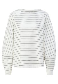 Blouse blanche à manches longues avec des rayures horizontales noires sur le corps et des rayures verticales sur les manches, dotée de poignets boutonnés et d'un col rond.