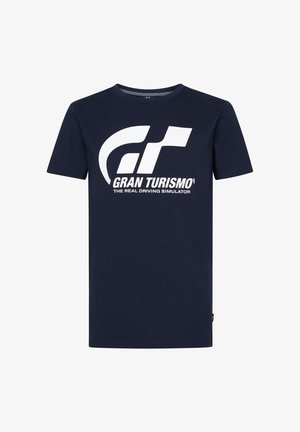 Marineblå bomulds t-shirt med et stort hvidt "Gran Turismo" logo og tekst, korte ærmer og rund hals. Simpelt design, ingen mønstre.