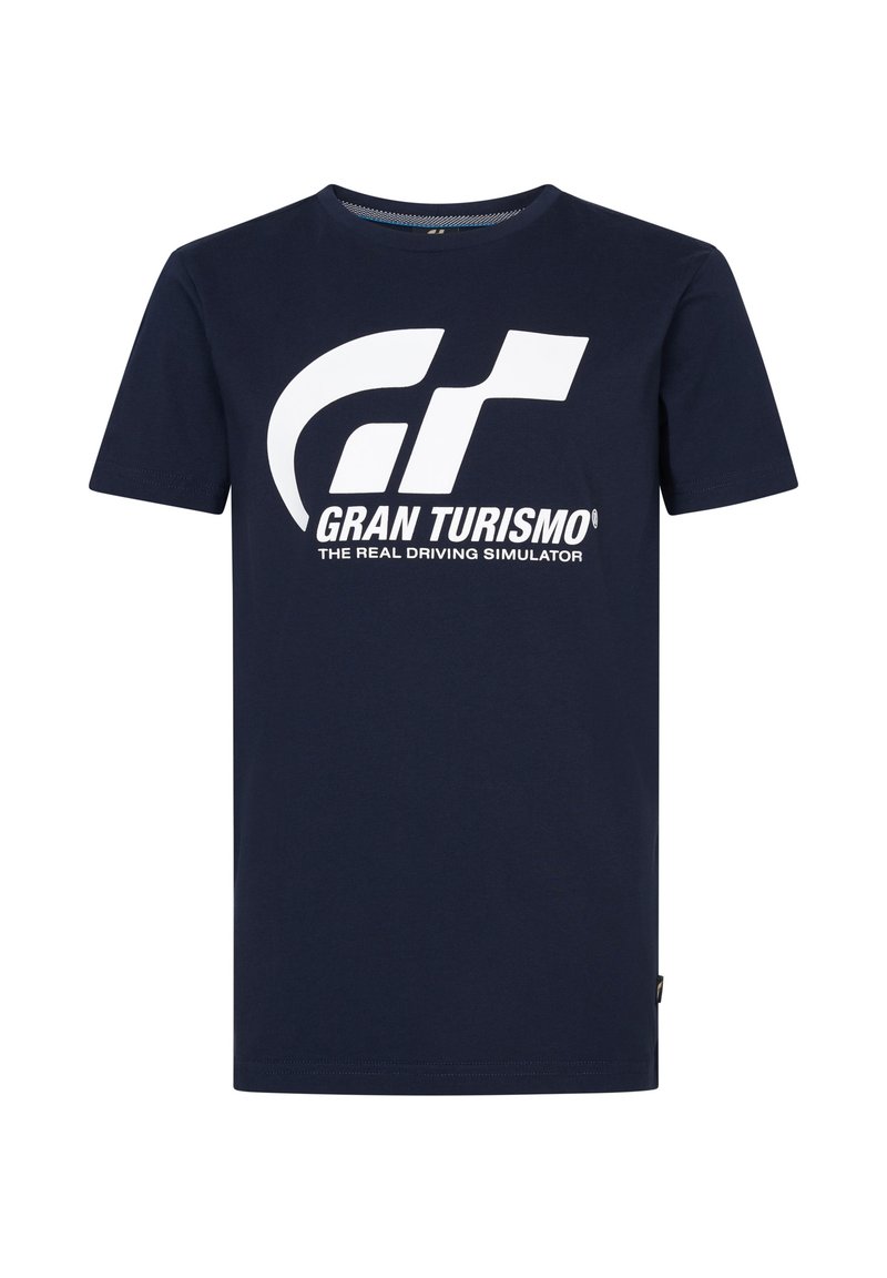Camiseta de algodón azul marino con un gran logo y texto blanco de "Gran Turismo", de mangas cortas y con cuello redondo. Diseño simple, sin patrones.
