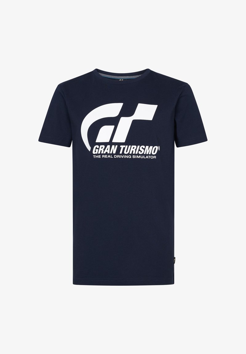 Camiseta de algodón azul marino con un gran logo y texto blanco de "Gran Turismo", de mangas cortas y con cuello redondo. Diseño simple, sin patrones.