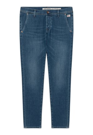 Jeans in denim blu medio con tasche anteriori, rivetti in rame, chiusura con bottone, passanti per cintura e etichetta Roy Roger's in vita e sulla tasca.