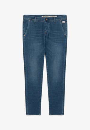 Jeans in denim blu medio con tasche anteriori, rivetti in rame, chiusura con bottone, passanti per cintura e etichetta Roy Roger's in vita e sulla tasca.