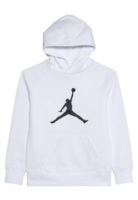 Felpa bianca con cappuccio, dotata di tasca frontale e logo silhouette di un giocatore di basket in salto, centrato sul petto.