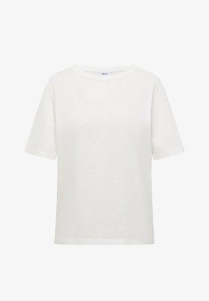 T-shirt blanc uni en coton à manches courtes avec un col rond et une petite étiquette de marque à l'intérieur du col.