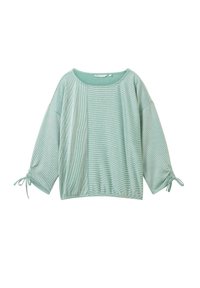 Svetle zelená blůza s dlouhým rukávem, úzkými vertikálními pruhy, širokým výstřihem a stahovacími šňůrkami na manžetách rukávů.