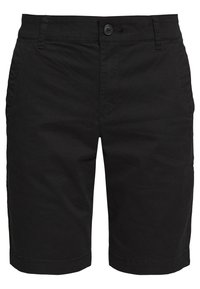 Shorts noirs décontractés avec fermeture à bouton et fermeture éclair à l'avant, passants de ceinture et poches latérales, fabriqués en tissu léger.