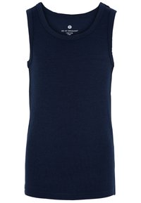 Navy blue sleeveless tank top made of soft cotton, featuring a round neckline and standard cut without any additional embellishments.