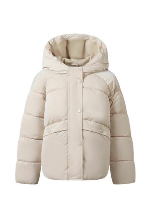 Veste d’hiver matelassée beige avec capuche, fermeture avant à boutons-pression et deux poches avant avec rabats.