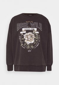 Tmavě šedá mikina se květinovou grafikou a texty "ROSE WILD" a "SAVAGE SOUL". Kulatý výstřih, dlouhé rukávy a ribbovaná spodní část.