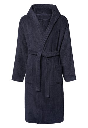 Navyblauer Frottee-Bademantel mit Kapuze, Taillenzug und zwei vorderen Taschen. Verfügt über eine strukturierte Oberfläche und lange Ärmel. Geeignet zum Entspannen.