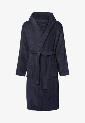 Navyblauer Frottee-Bademantel mit Kapuze, Taillenzug und zwei vorderen Taschen. Verfügt über eine strukturierte Oberfläche und lange Ärmel. Geeignet zum Entspannen.