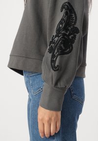 Felpa grigia con un motivo paisley ricamato in nero sulla manica, caratterizzata da una vestibilità ampia e maniche a palloncino con polsini. Abbinata a jeans blu.
