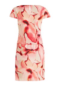 Blumenkleid aus leichtem Stoff in zarten Rosa- und Rottönen. Mit kurzen Ärmeln, einem Schlüsselverschluss am Rücken und einer figurbetonten Form mit geradem Saum.