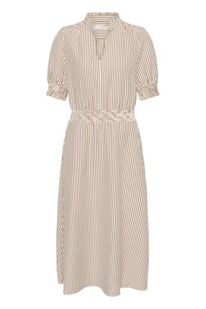 Krémové midi šaty s vertikálnymi hrdzavými pruhmi, nariasené krátke rukávy, elastický zoštíhlený pás a malý výstrih do V.