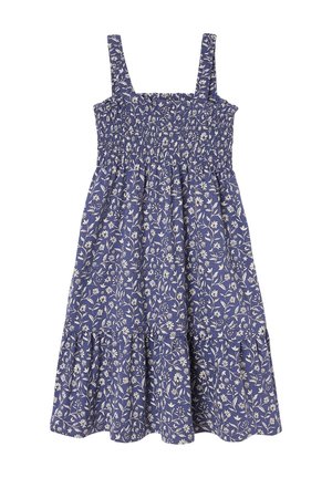 Blaues ärmelloses Kleid mit weißem Blumenmuster, gerafftem Oberteil und gesammeltem Rock mit abgestuftem Saum.