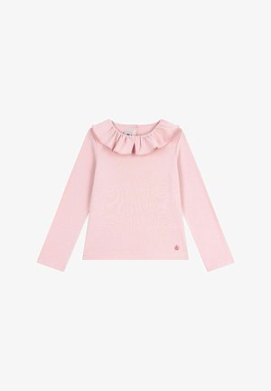 Haut à manches longues rose clair avec un col froncé, une fermeture à pression au dos et un petit logo circulaire à l'ourlet. En matériau coton.