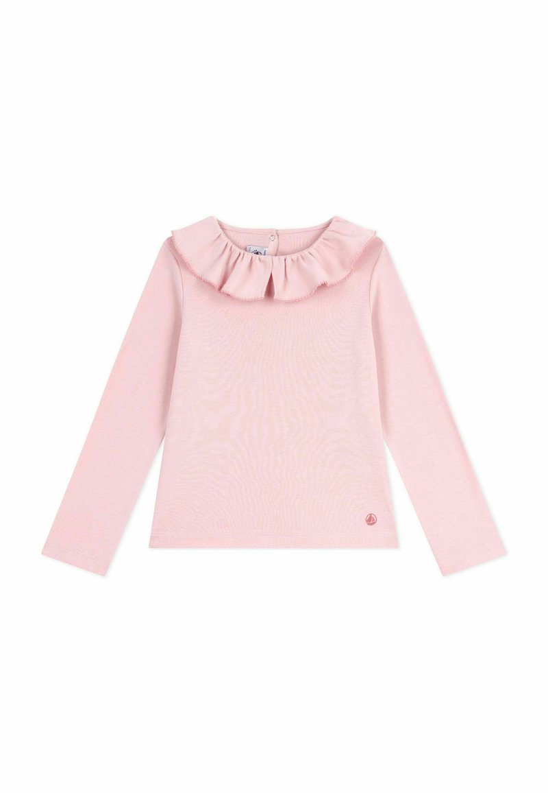 Hellrosa Langarmoberteil mit rüschigem Kragen, Druckknopfverschluss am Rücken und kleinem, rundem Logo am Saum. Aus Baumwollmaterial.