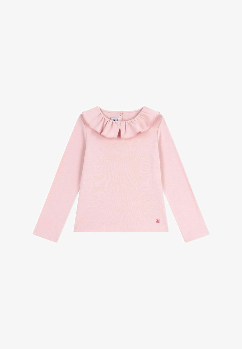 Hellrosa Langarmoberteil mit rüschigem Kragen, Druckknopfverschluss am Rücken und kleinem, rundem Logo am Saum. Aus Baumwollmaterial.