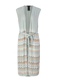 Abito senza maniche di un celeste chiaro con scollatura a V profonda e cintura da annodare. Presenta un motivo a zigzag testurizzato in colori pastello e un design fluido.