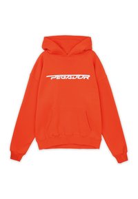 Oranje hoodie van zachte stof, met een voorzak en een witte logo-tekst "PEGADOR" over de borst. Met capuchon ontwerp.
