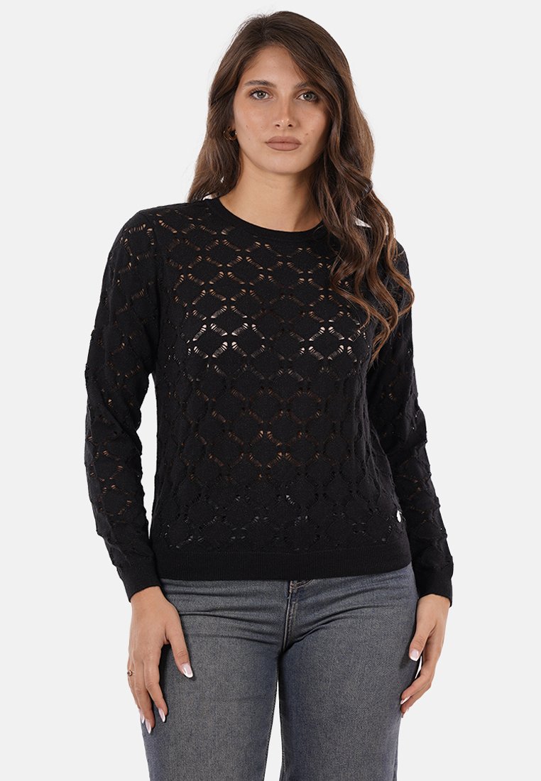 Maglione nero lavorato a maglia con un motivo a diamante aperto, maniche lunghe e orlo a costine. Realizzato in filato leggero con una finitura testurizzata.