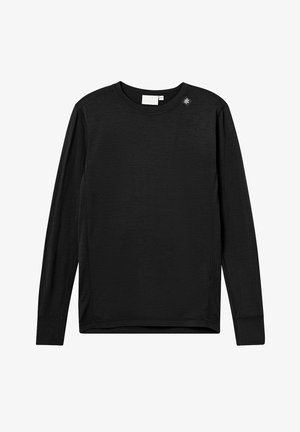 Czarna longsleeve z długim rękawem, wykonana z miękkiego materiału, z okrągłym dekoltem, akcentami na bocznych szwach oraz małym logo po lewej stronie ramienia.