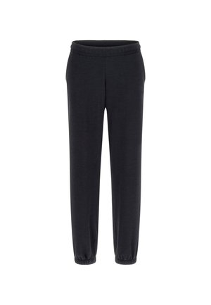 Zwarte sweatpants met een zachte textuur, elastische tailleband en elastische boorden bij de enkels. Eenvoudig ontwerp zonder zichtbare patronen of accenten.