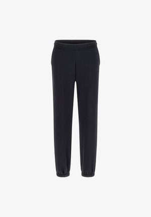 Pantaloni da jogging neri con una texture morbida, vita elastica e polsini elastici alle caviglie. Design semplice senza motivi o accenti visibili.