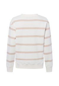 White long-sleeve sweatshirt with wide light beige horizontal stripes, ribbed cuffs, and hem, shown from the back on a white background.