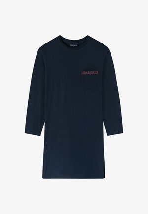 Granatowa koszula z długim rękawem wykonana z bawełny, z kieszenią na piersi z wzorzystym akcentem w kolorze czerwonym. Boczny rozcięcia u dołu dodają szczegółu w projekcie.