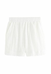 Shorts en dentelle blanche avec une taille élastique, présentant un design texturé et à motifs ainsi que des poches latérales. Tissu doux et léger.