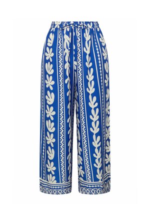 Blauwe wijd uitlopende broek met witte verticale bloemen- en geometrische strepen en een tailleband met trekkoord.